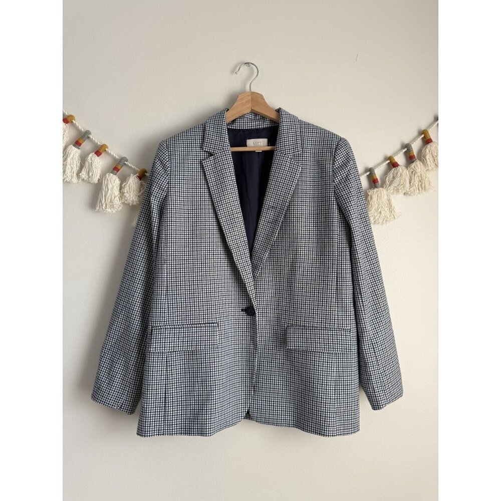 Loft Houndstooth Navy V-neck Single Breasted Classic Blazer Careerwear Modest10P
